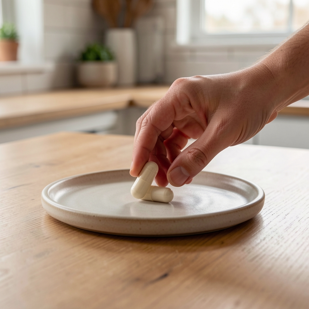 Dłoń odkładająca pojedynczą kapsułkę na ceramiczny spodek przy kuchennym stole