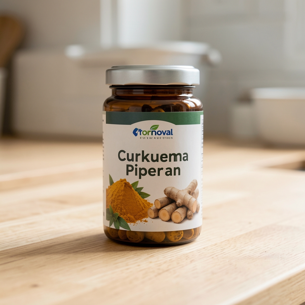 Opakowanie suplementu diety Kurkuma i Piperyna od Gralvena na jasnym drewnianym blacie kuchennym